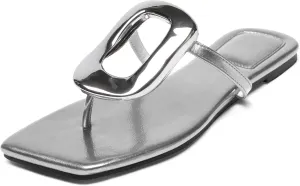 Flip-Flops Sandals for Women Comfortable Open Square Toe Slip on Beach Thong Sandals Casual Fashion Ladies Slipper Dressy Metal Decoration Summer Shoes.