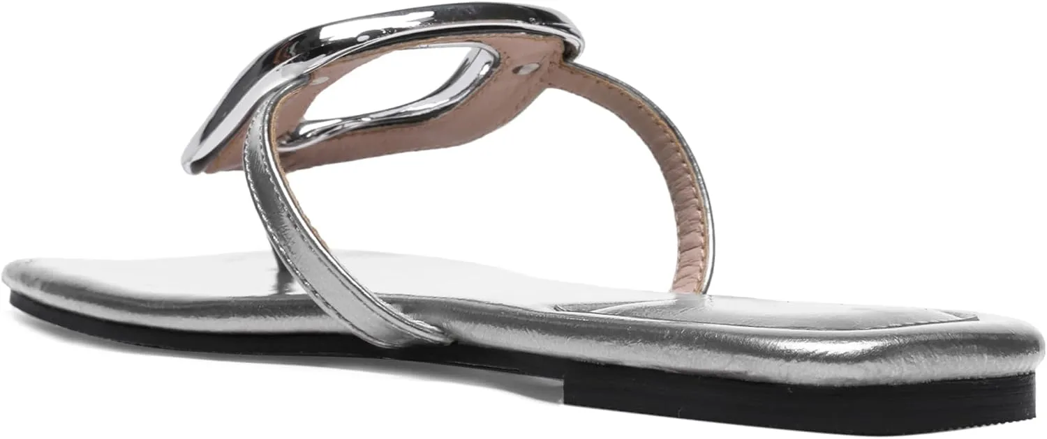 Flip-Flops Sandals for Women Comfortable Open Square Toe Slip on Beach Thong Sandals Casual Fashion Ladies Slipper Dressy Metal Decoration Summer Shoes.