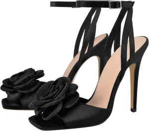Flowers Heels for Women Square Toe Ankle Strap Stiletto High Heeled Sandals
