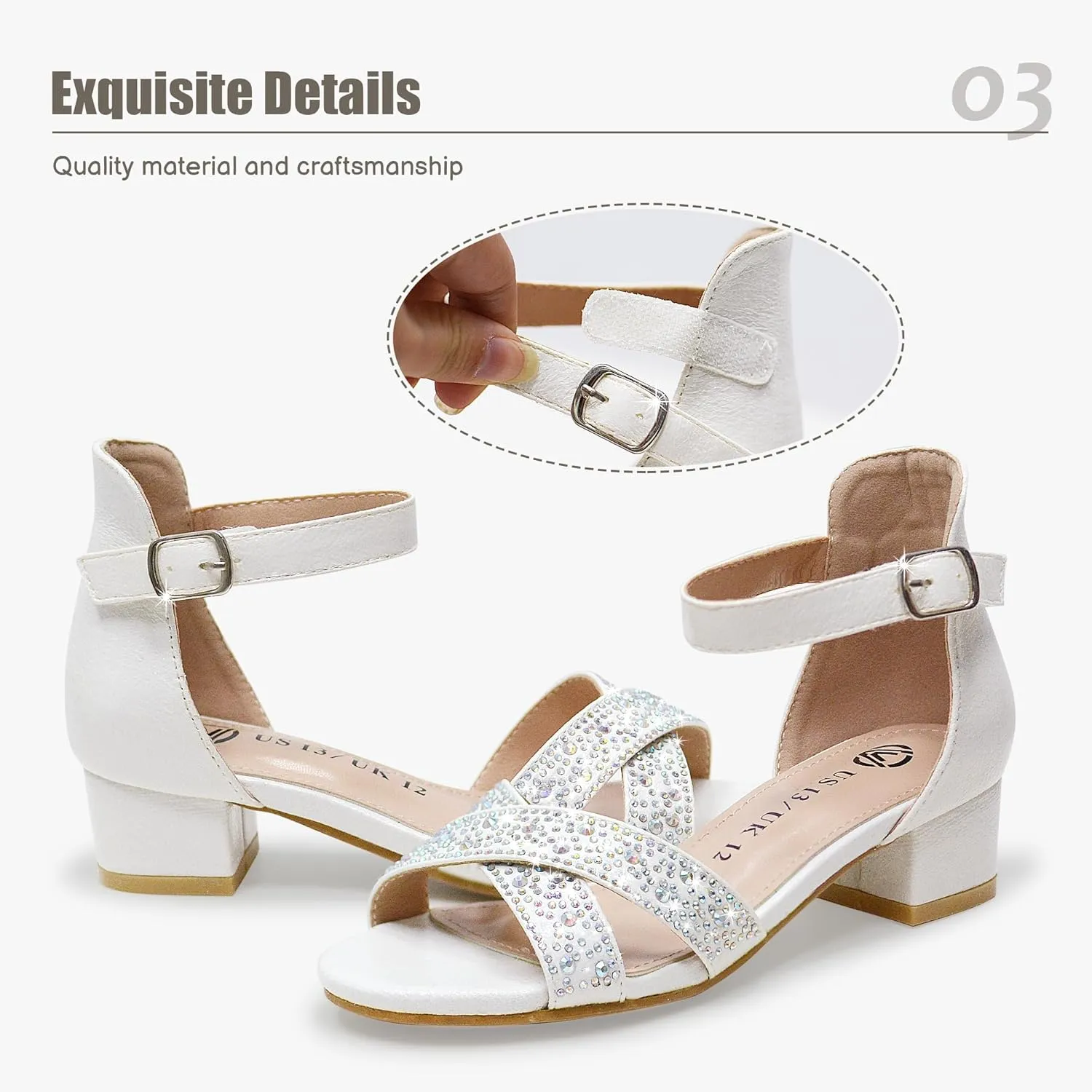 FLYFUPPY Girls Sandals Low Heel Sandals for Girls Open Toe Ankle Strap Wedding Party Shoes