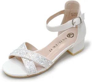 FLYFUPPY Girls Sandals Low Heel Sandals for Girls Open Toe Ankle Strap Wedding Party Shoes