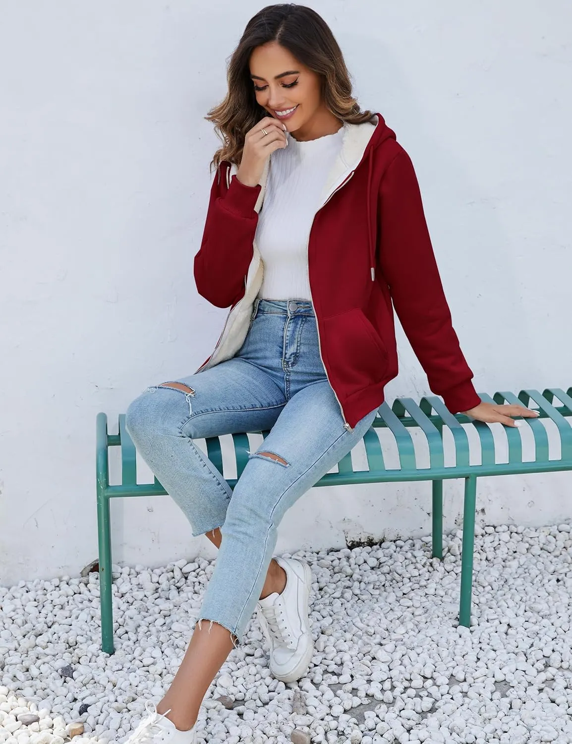 Flygo Women Winter Hoodies Zip Up Fleece Sherpa Lined Warm Sweatshirts Jacket