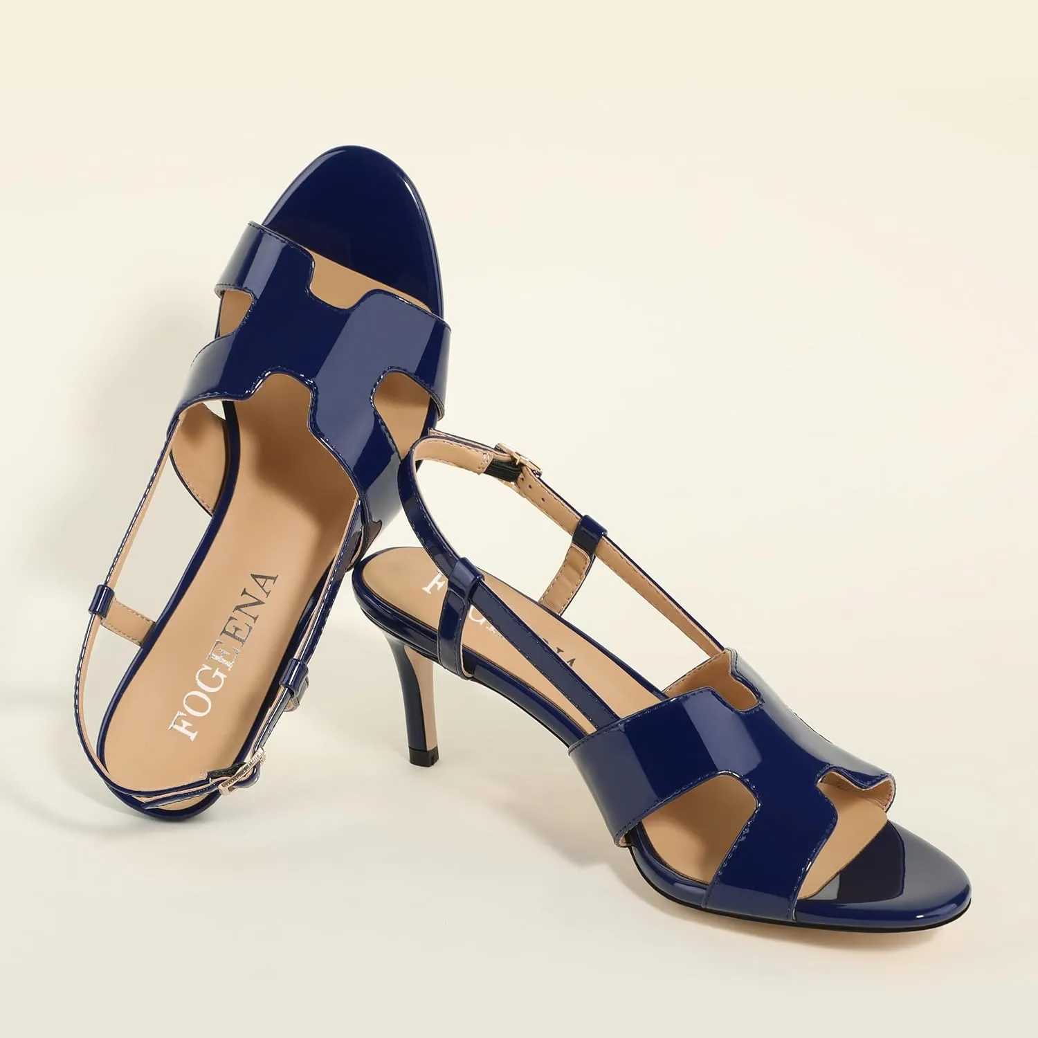 FOGEENA Women's Heeled Sandals Shoes, Peep Toe Mid Heel Ankle Strap Sandals for Women, Patent Leather Open Toe H Shaped Strappy Heels, Ladies Slingback Kitten Heel Sandals 2.5"
