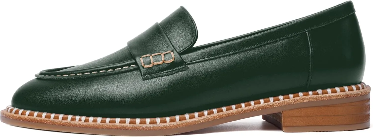 FOGEENA Womens Penny Matte Leather Casual Slip On Round Toe Work Chunky Low Heel Loafers Dress Shoes 1 Inch
