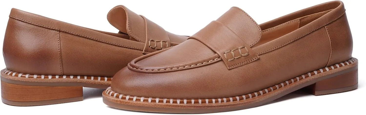 FOGEENA Womens Penny Matte Leather Casual Slip On Round Toe Work Chunky Low Heel Loafers Dress Shoes 1 Inch