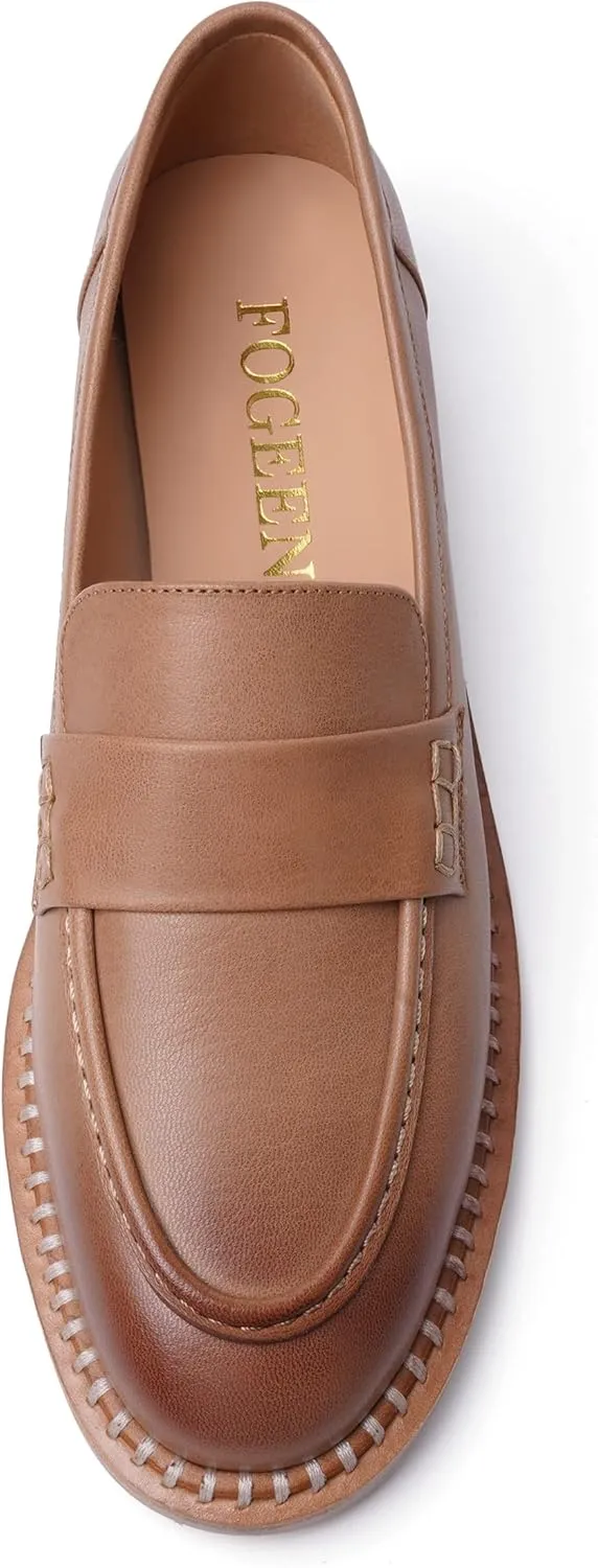FOGEENA Womens Penny Matte Leather Casual Slip On Round Toe Work Chunky Low Heel Loafers Dress Shoes 1 Inch