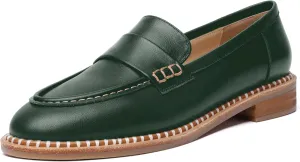 FOGEENA Womens Penny Matte Leather Casual Slip On Round Toe Work Chunky Low Heel Loafers Dress Shoes 1 Inch