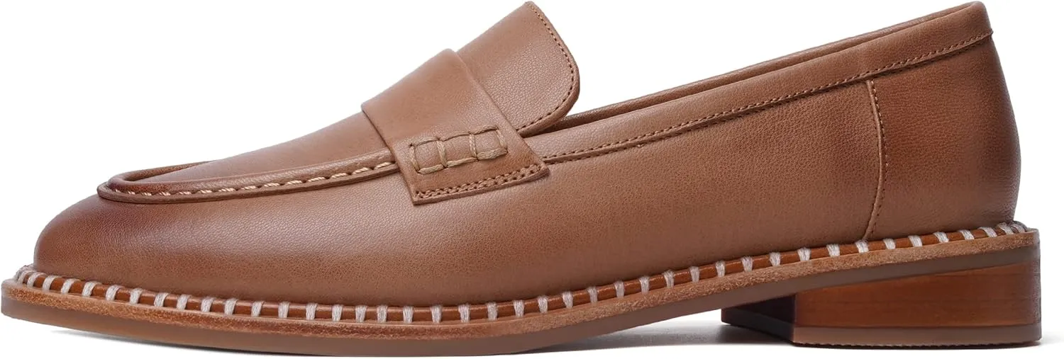 FOGEENA Womens Penny Matte Leather Casual Slip On Round Toe Work Chunky Low Heel Loafers Dress Shoes 1 Inch