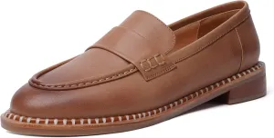 FOGEENA Womens Penny Matte Leather Casual Slip On Round Toe Work Chunky Low Heel Loafers Dress Shoes 1 Inch