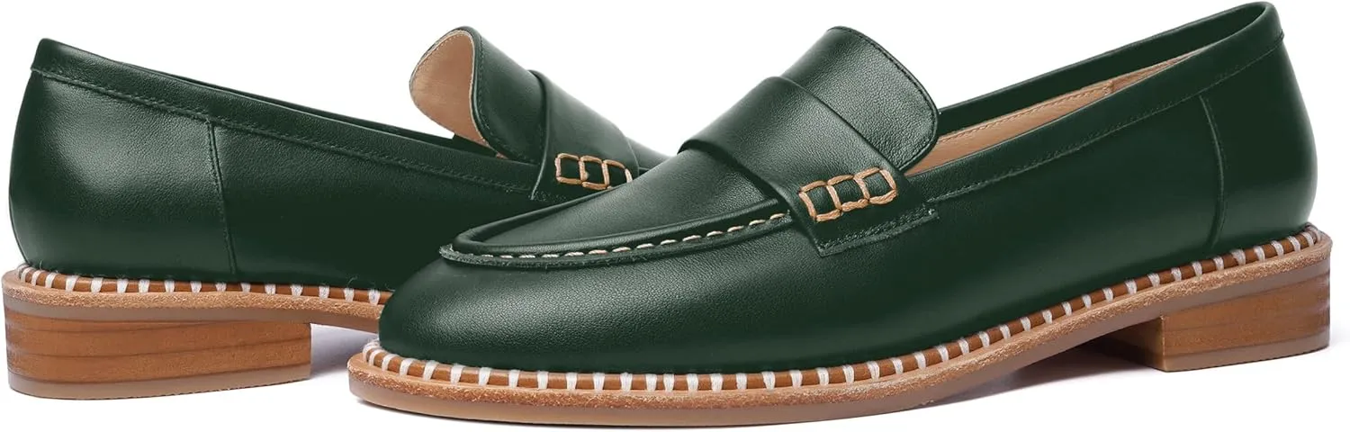 FOGEENA Womens Penny Matte Leather Casual Slip On Round Toe Work Chunky Low Heel Loafers Dress Shoes 1 Inch