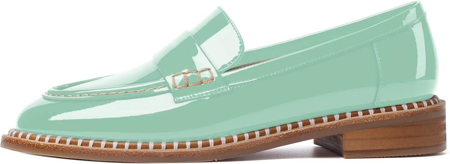 FOGEENA Womens Slip On Penny Fashion Casual Round Toe Patent Leather Chunky Low Heel Loafers Dress Shoes 1 Inch