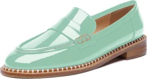 FOGEENA Womens Slip On Penny Fashion Casual Round Toe Patent Leather Chunky Low Heel Loafers Dress Shoes 1 Inch