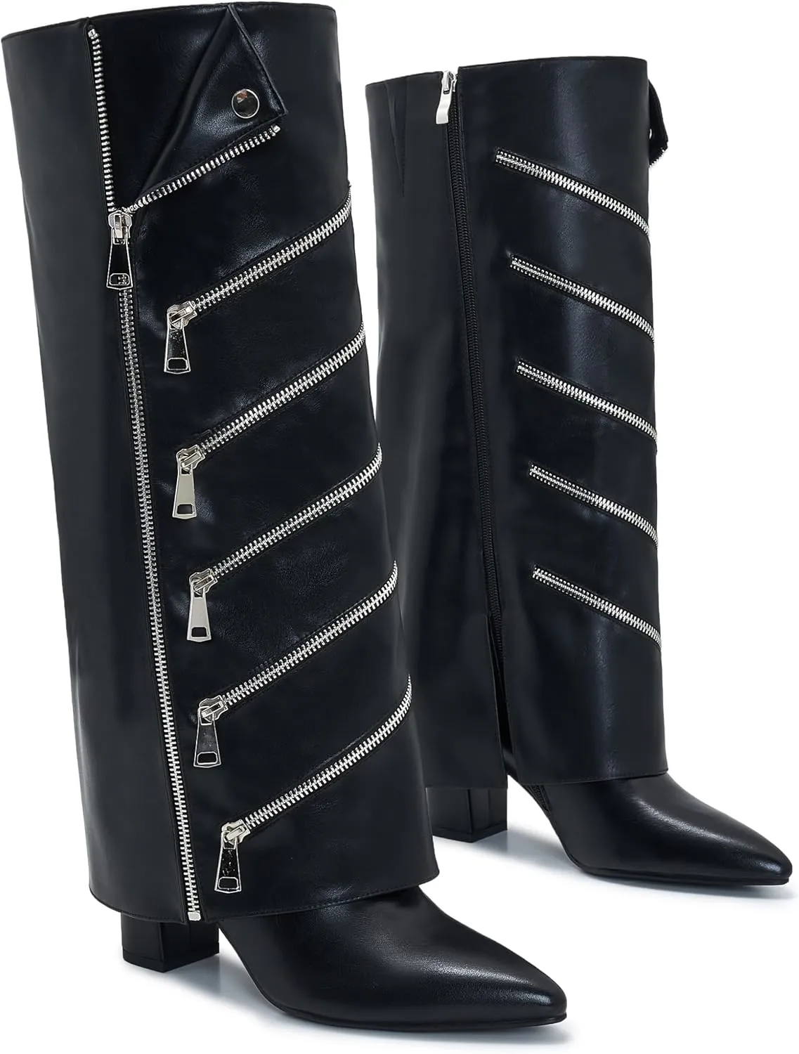 Fold Over Boots For Women Wide Calf knee high Tall Foldover Plus Size Boots Chunky Side Zipper Pointed Toe