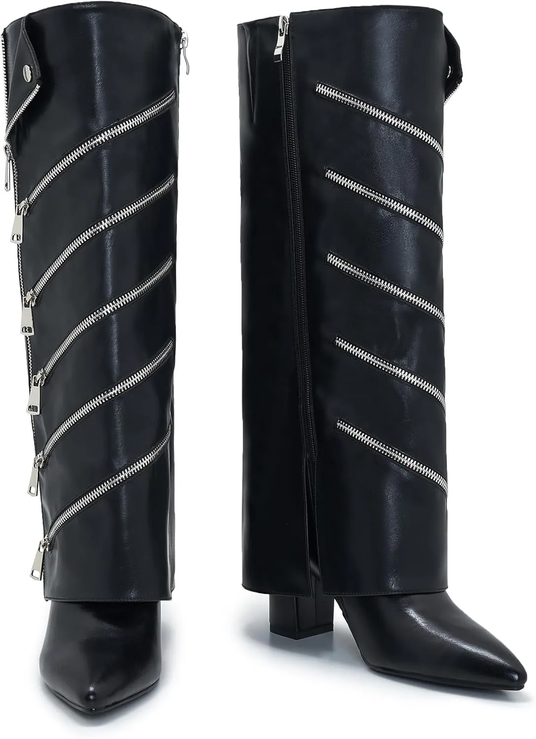 Fold Over Boots For Women Wide Calf knee high Tall Foldover Plus Size Boots Chunky Side Zipper Pointed Toe