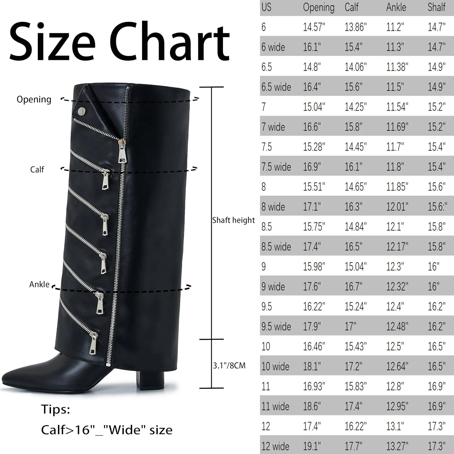 Fold Over Boots For Women Wide Calf knee high Tall Foldover Plus Size Boots Chunky Side Zipper Pointed Toe