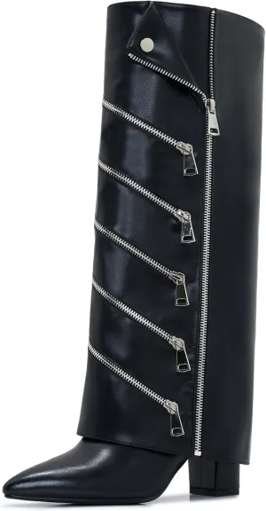 Fold Over Boots For Women Wide Calf knee high Tall Foldover Plus Size Boots Chunky Side Zipper Pointed Toe