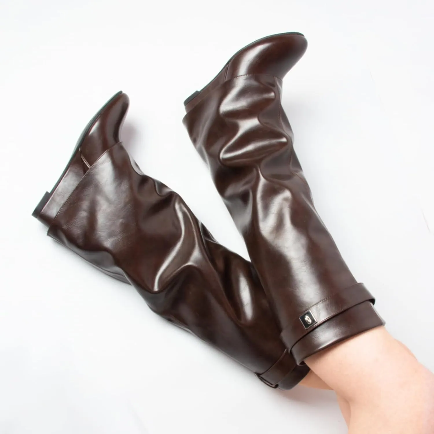 Fold Over Boots Women's Knee high Shark Boots Pointed Toe Wedge Heel Flat Shoes For Fall Winter Dress Boots