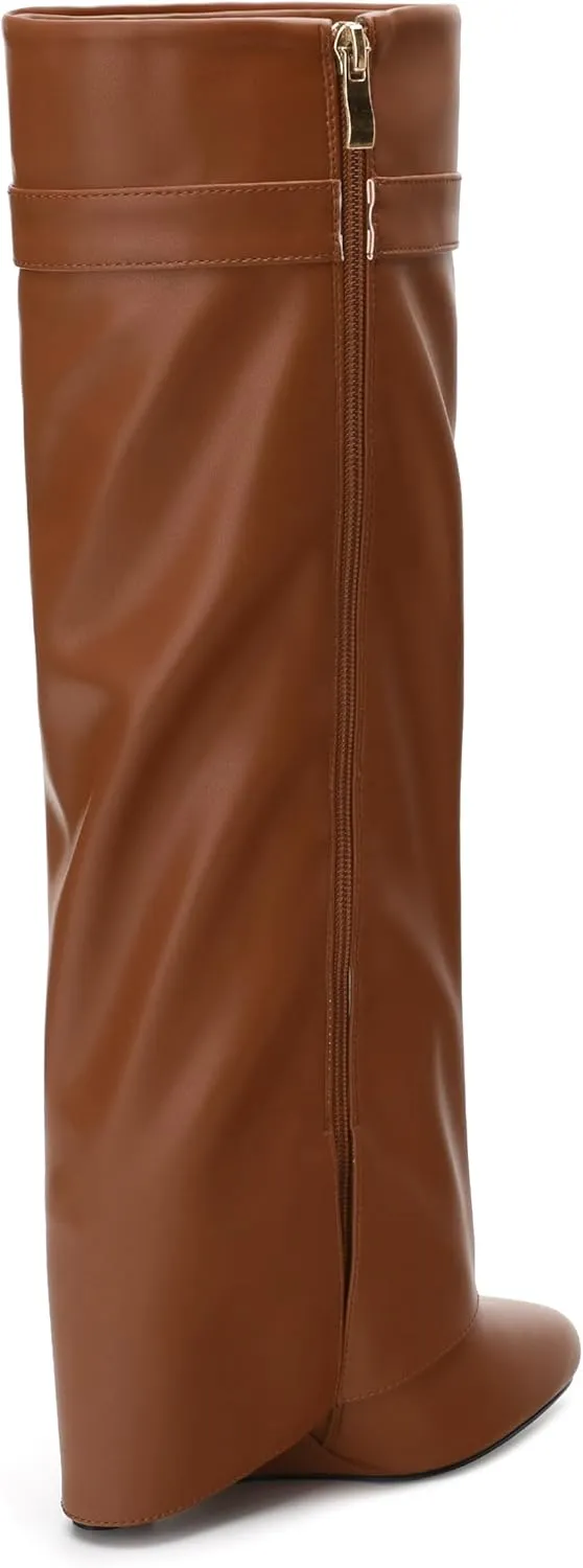 Fold Over Wedge Boots for Women Knee High Zipper Round Toe Tall Boots Wide Calf High Heel Long Boots