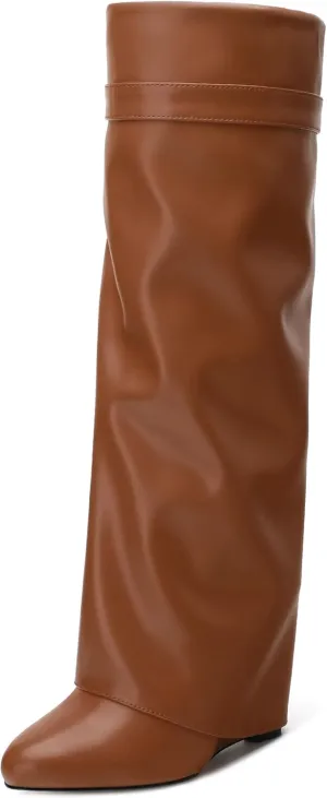 Fold Over Wedge Boots for Women Knee High Zipper Round Toe Tall Boots Wide Calf High Heel Long Boots