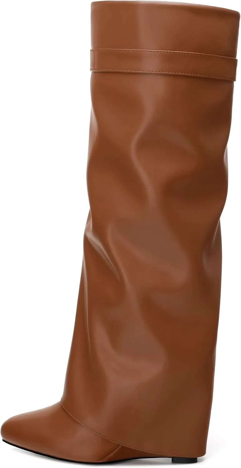 Fold Over Wedge Boots for Women Knee High Zipper Round Toe Tall Boots Wide Calf High Heel Long Boots