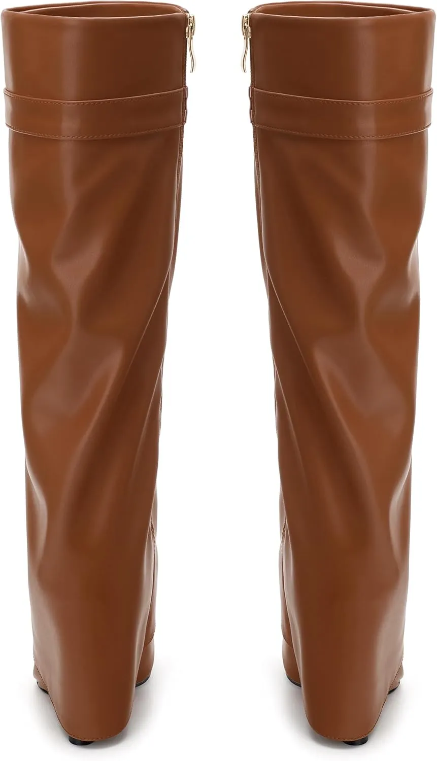 Fold Over Wedge Boots for Women Knee High Zipper Round Toe Tall Boots Wide Calf High Heel Long Boots