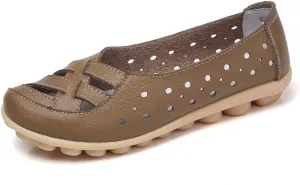 FolHaoth Women's Comfortable Leather Loafers Slip On Walking Flats Casual Round Toe Moccasins Wild Nurse Driving Breathable Fashion Soft Shoes