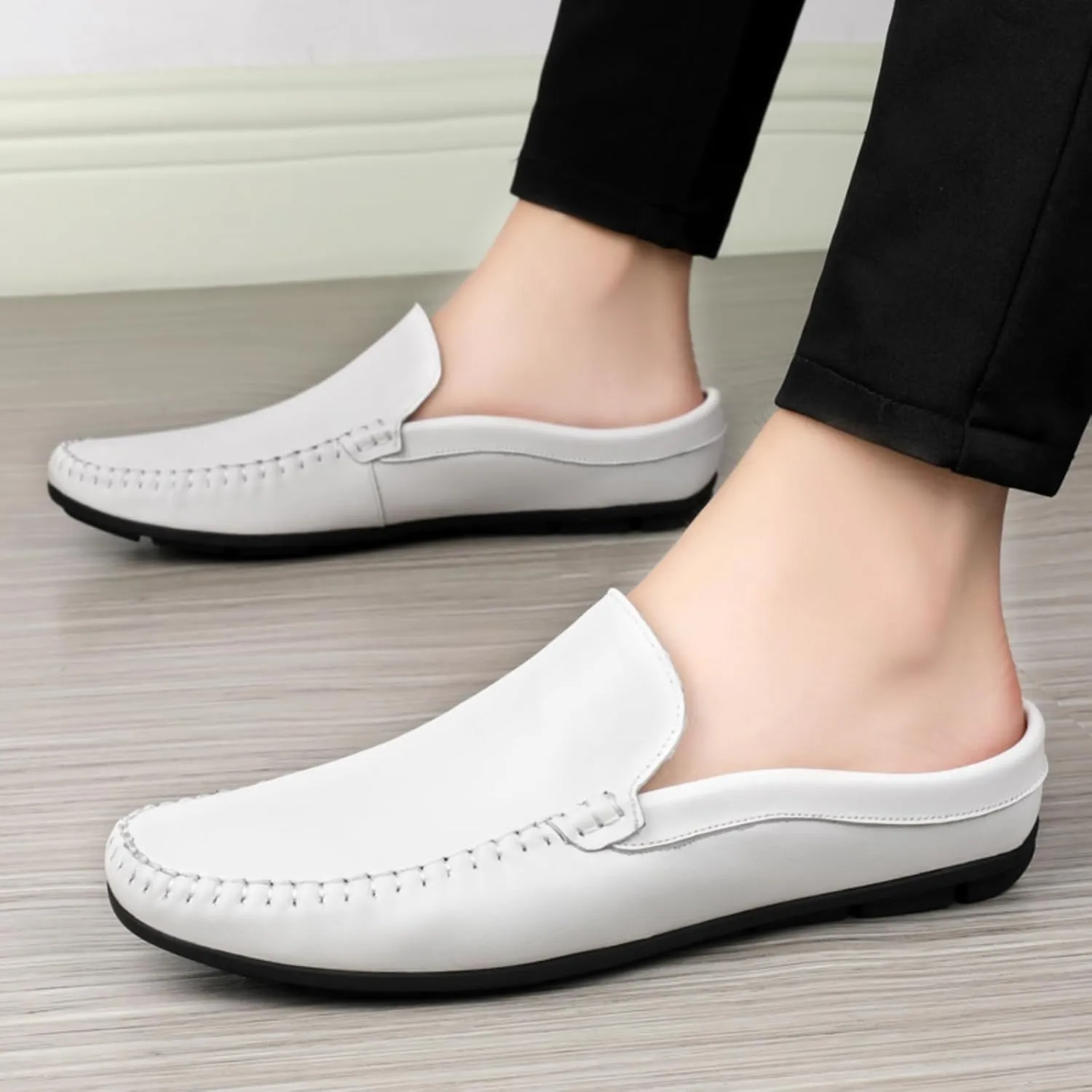 FOTN Kelibasi Mens Handmade Leather Slip-On Mules Comfortable Soft Backless Slippers Summer Casual Walking Driving Sandals Half Loafers