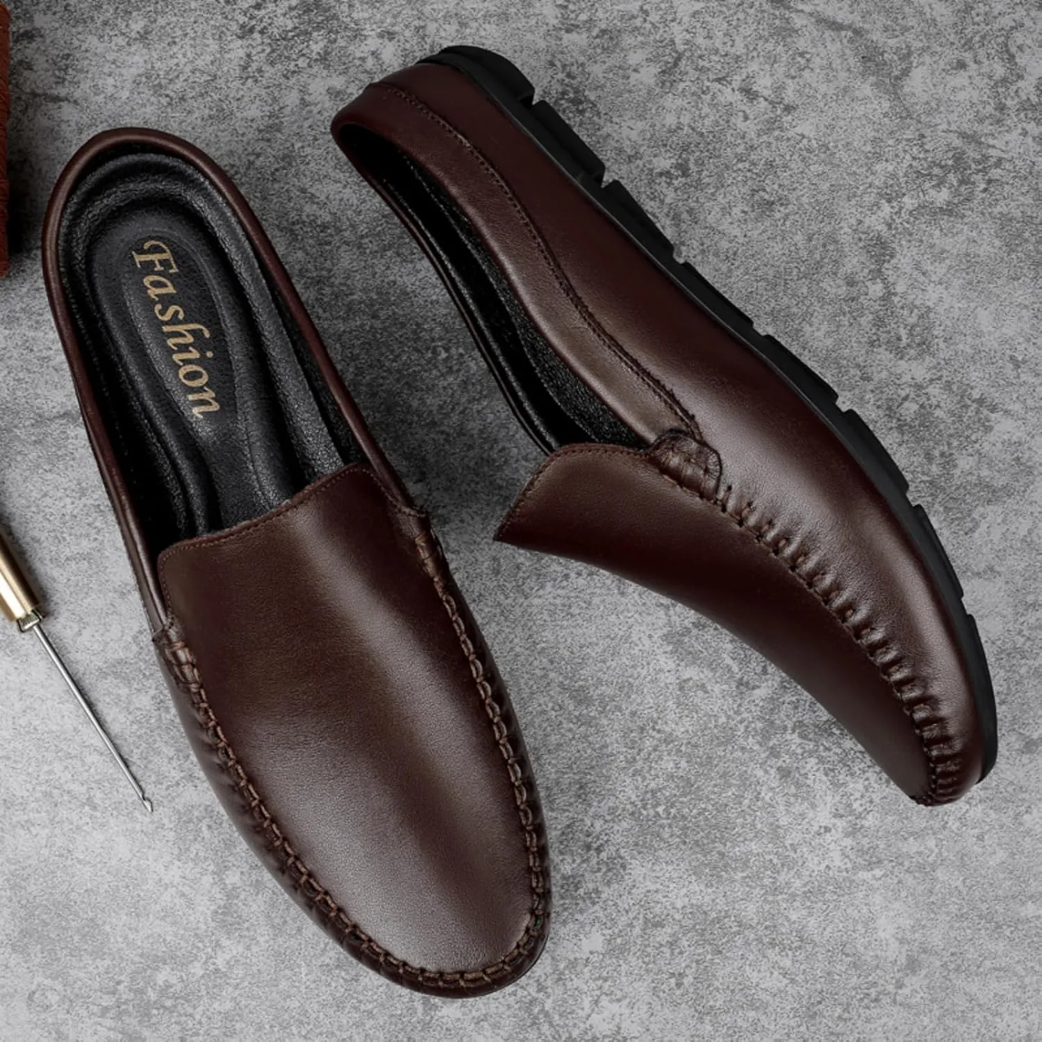 FOTN Kelibasi Mens Handmade Leather Slip-On Mules Comfortable Soft Backless Slippers Summer Casual Walking Driving Sandals Half Loafers