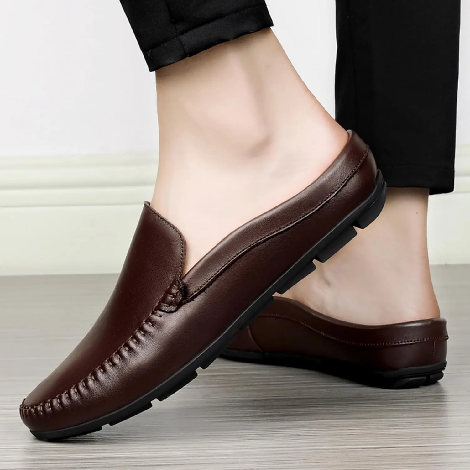 FOTN Kelibasi Mens Handmade Leather Slip-On Mules Comfortable Soft Backless Slippers Summer Casual Walking Driving Sandals Half Loafers