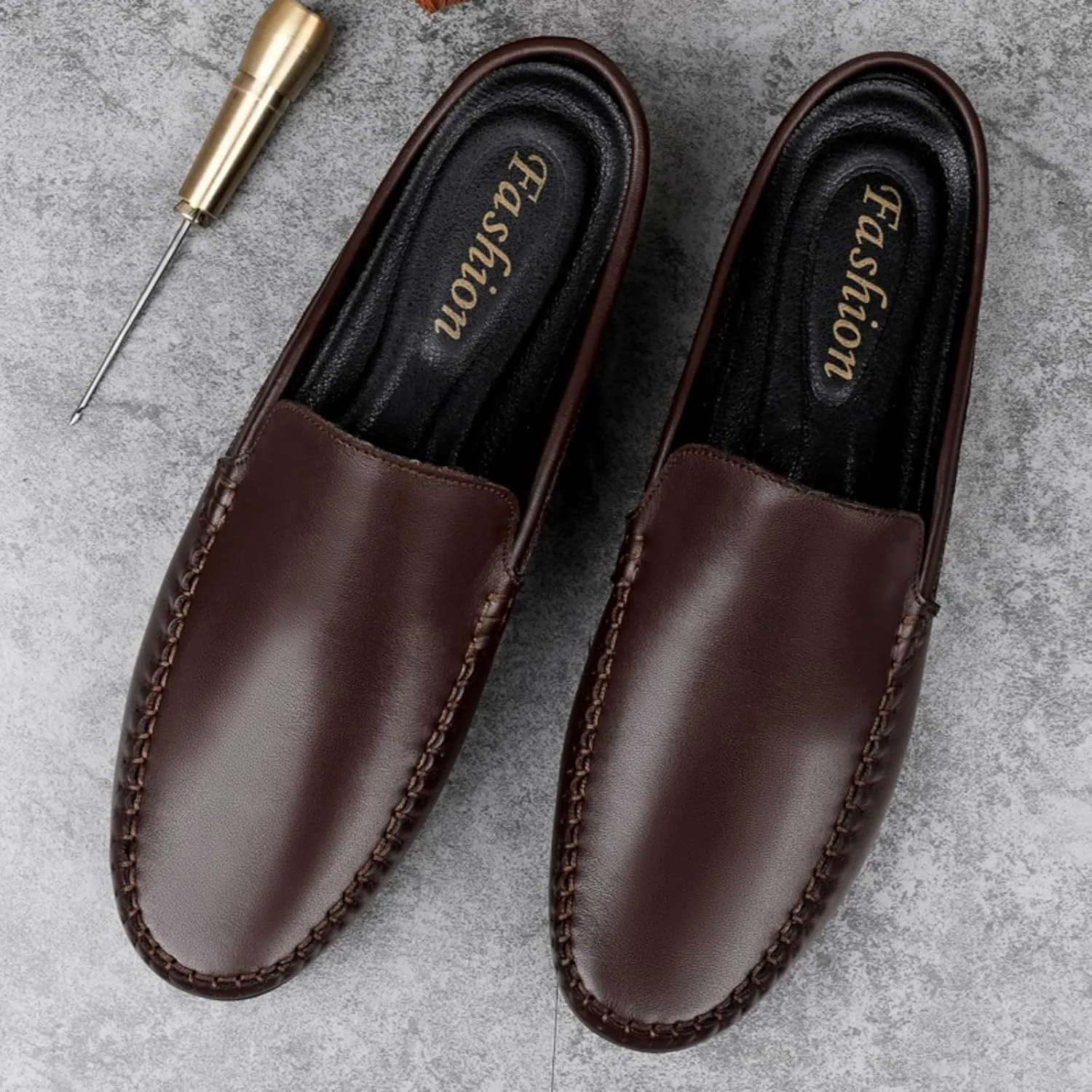 FOTN Kelibasi Mens Handmade Leather Slip-On Mules Comfortable Soft Backless Slippers Summer Casual Walking Driving Sandals Half Loafers