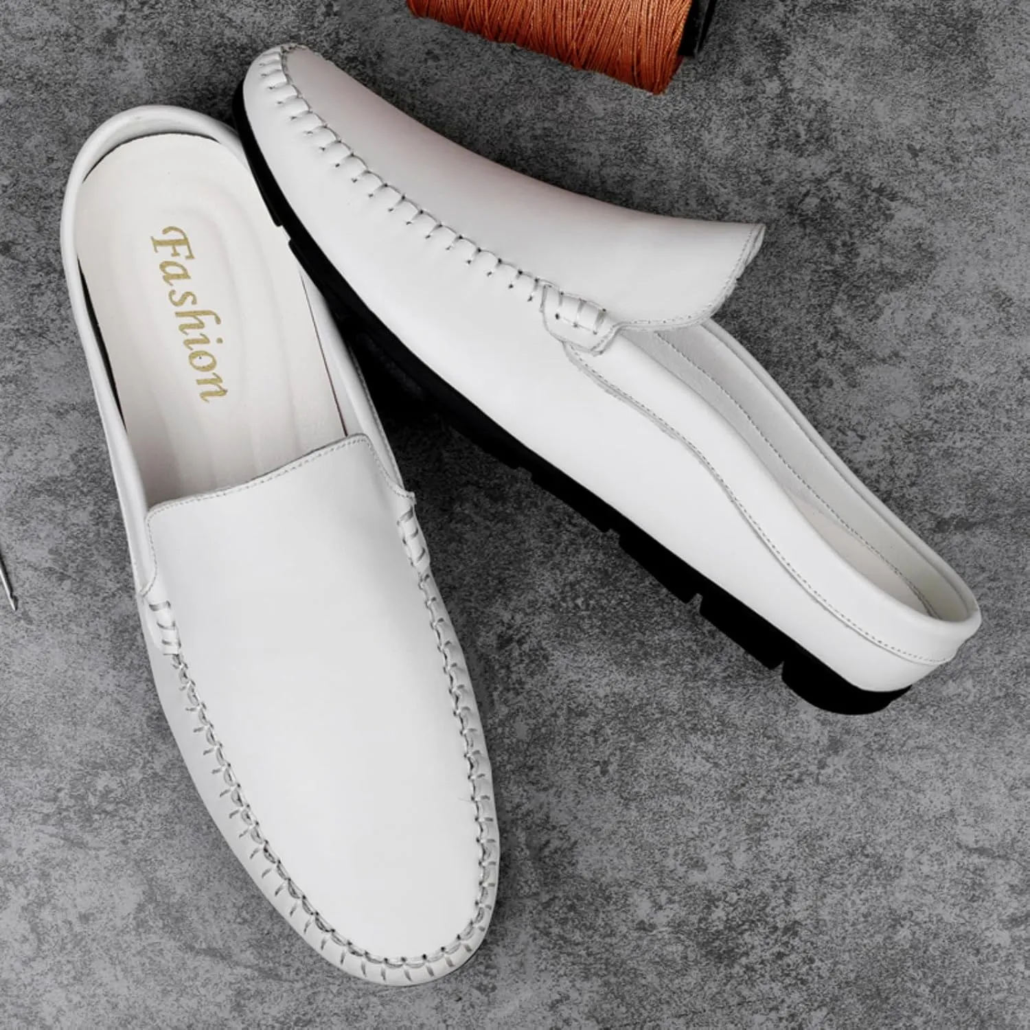 FOTN Kelibasi Mens Handmade Leather Slip-On Mules Comfortable Soft Backless Slippers Summer Casual Walking Driving Sandals Half Loafers