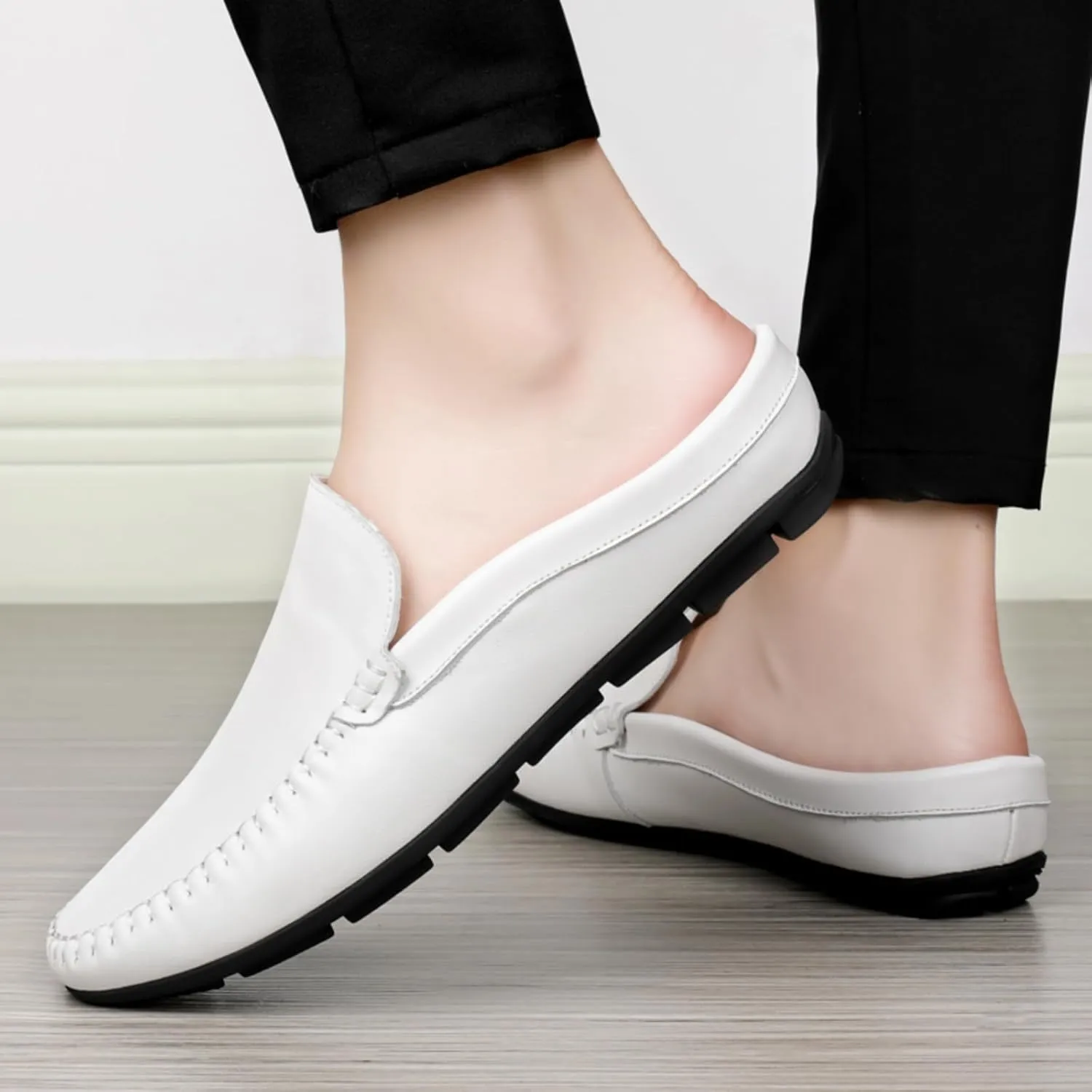 FOTN Kelibasi Mens Handmade Leather Slip-On Mules Comfortable Soft Backless Slippers Summer Casual Walking Driving Sandals Half Loafers