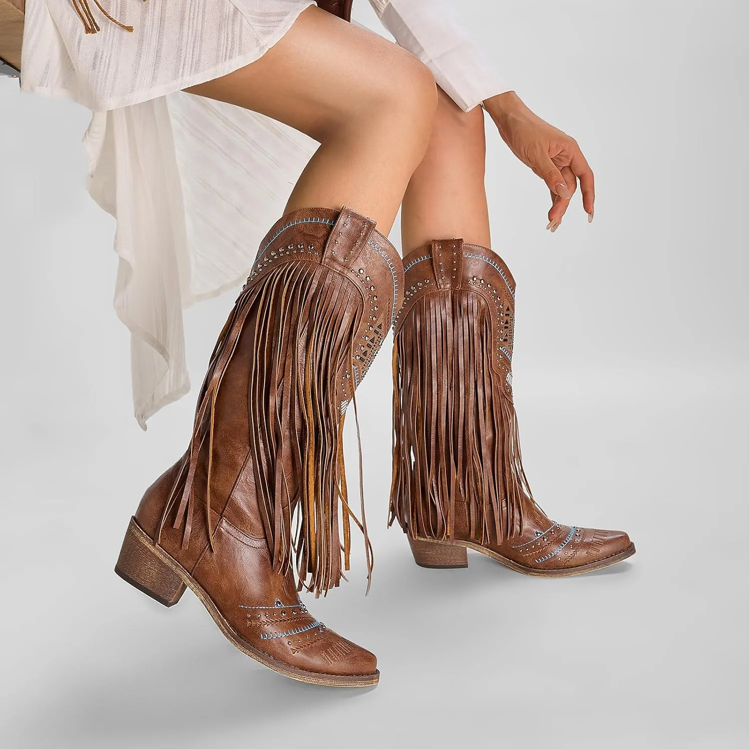 Fringe Cowboy Boots for Women Wide Calf Embroidered Tassal Cowgirl Boot Knee High Snip Toe Pull On Western Shoes