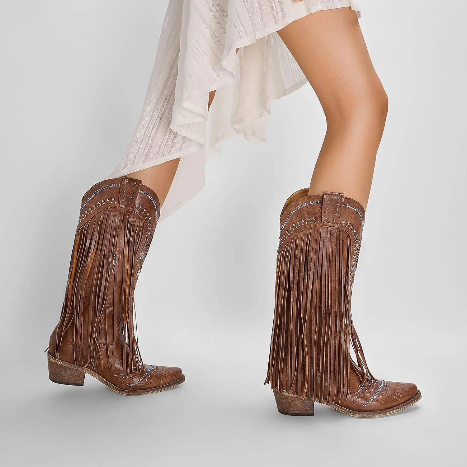 Fringe Cowboy Boots for Women Wide Calf Embroidered Tassal Cowgirl Boot Knee High Snip Toe Pull On Western Shoes