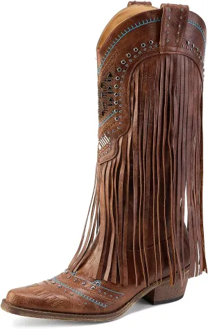 Fringe Cowboy Boots for Women Wide Calf Embroidered Tassal Cowgirl Boot Knee High Snip Toe Pull On Western Shoes