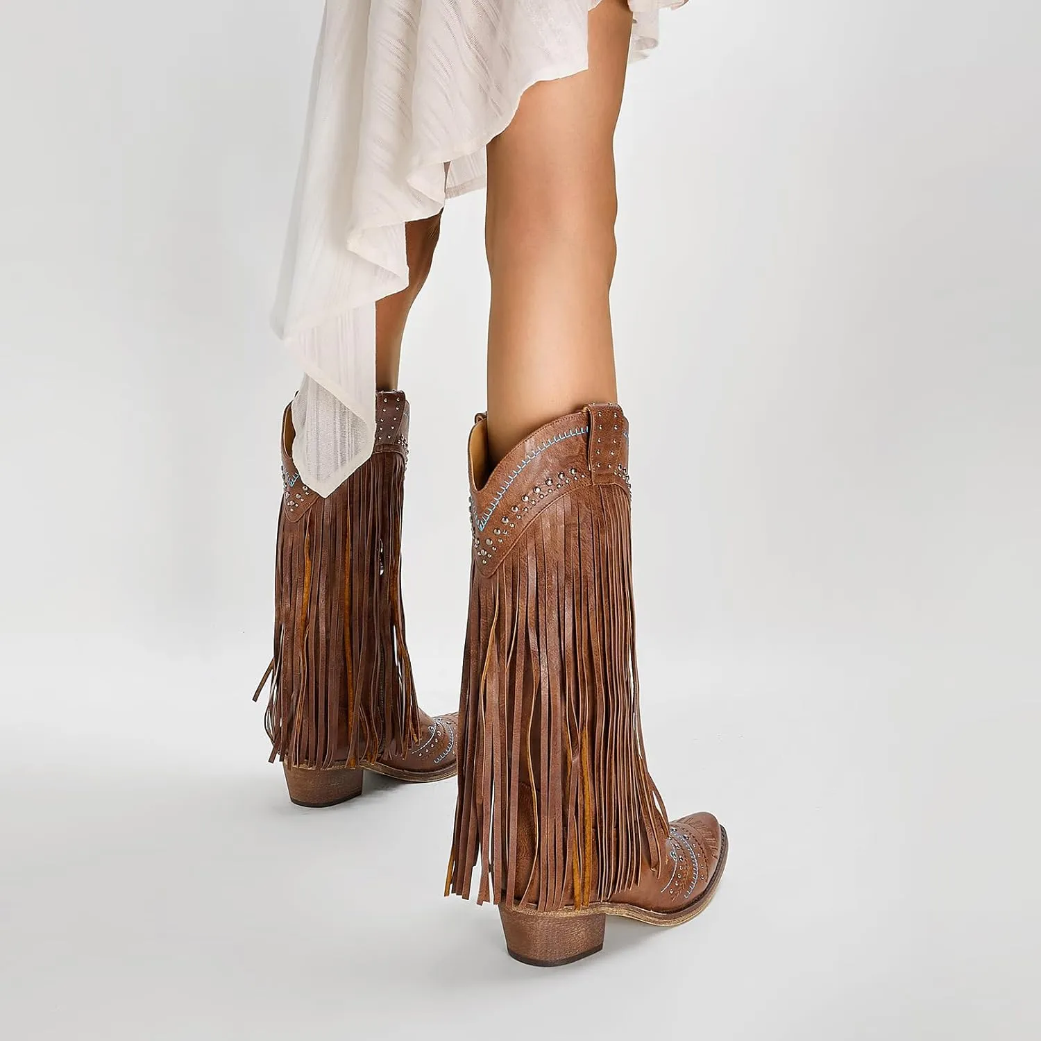 Fringe Cowboy Boots for Women Wide Calf Embroidered Tassal Cowgirl Boot Knee High Snip Toe Pull On Western Shoes