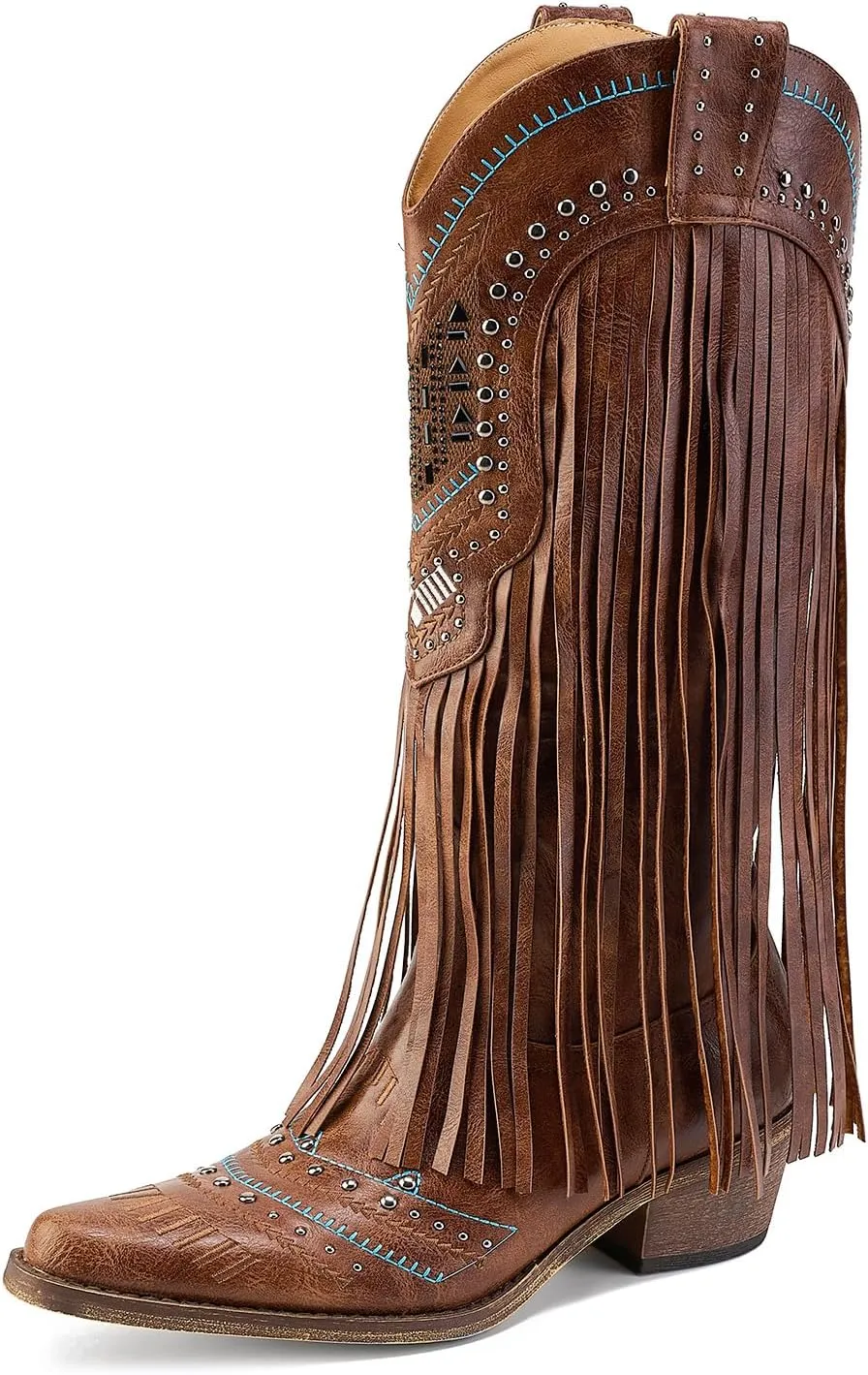 Fringe Cowboy Boots for Women Wide Calf Embroidered Tassal Cowgirl Boot Knee High Snip Toe Pull On Western Shoes
