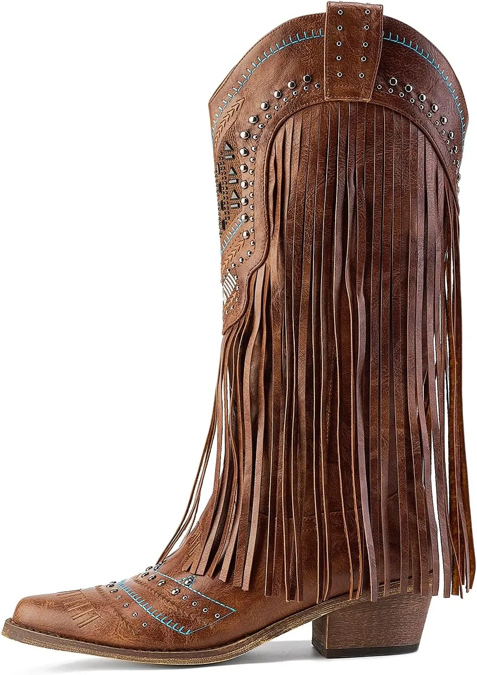 Fringe Cowboy Boots for Women Wide Calf Embroidered Tassal Cowgirl Boot Knee High Snip Toe Pull On Western Shoes