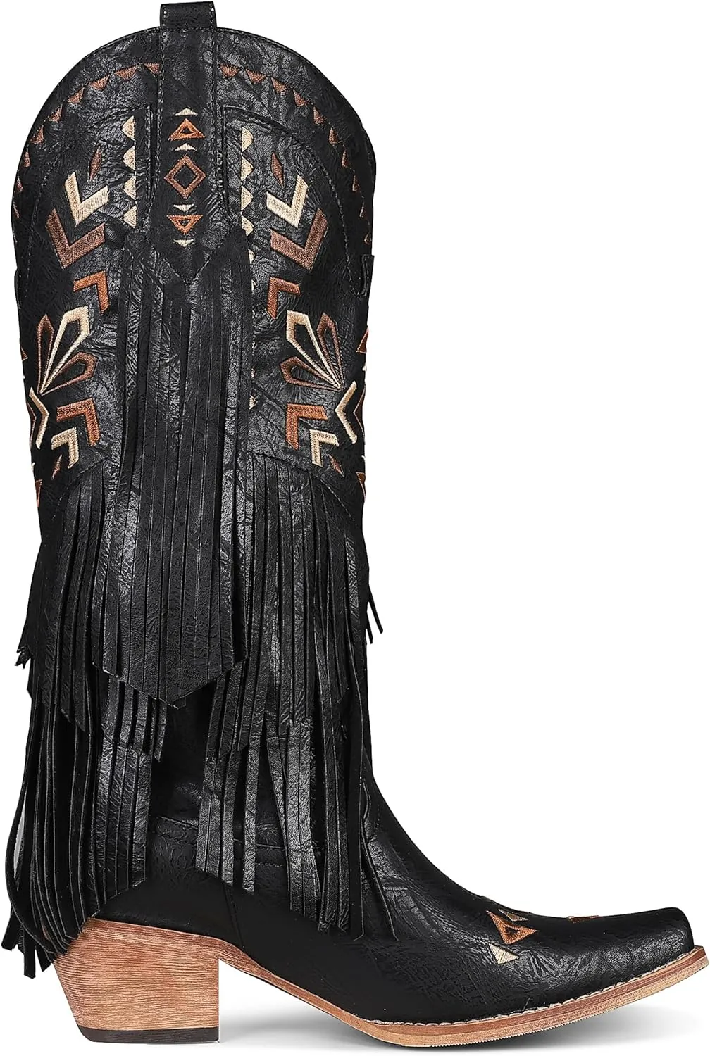 Fringe Cowgirl Boots-Square Toe Chunky Heel Cowboy Boots Wide Calf Knee High Boots Embroidered Tassel Pull on Fall Winter Western Vintage Retro Shoes for Ladies