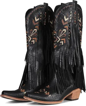 Fringe Cowgirl Boots-Square Toe Chunky Heel Cowboy Boots Wide Calf Knee High Boots Embroidered Tassel Pull on Fall Winter Western Vintage Retro Shoes for Ladies