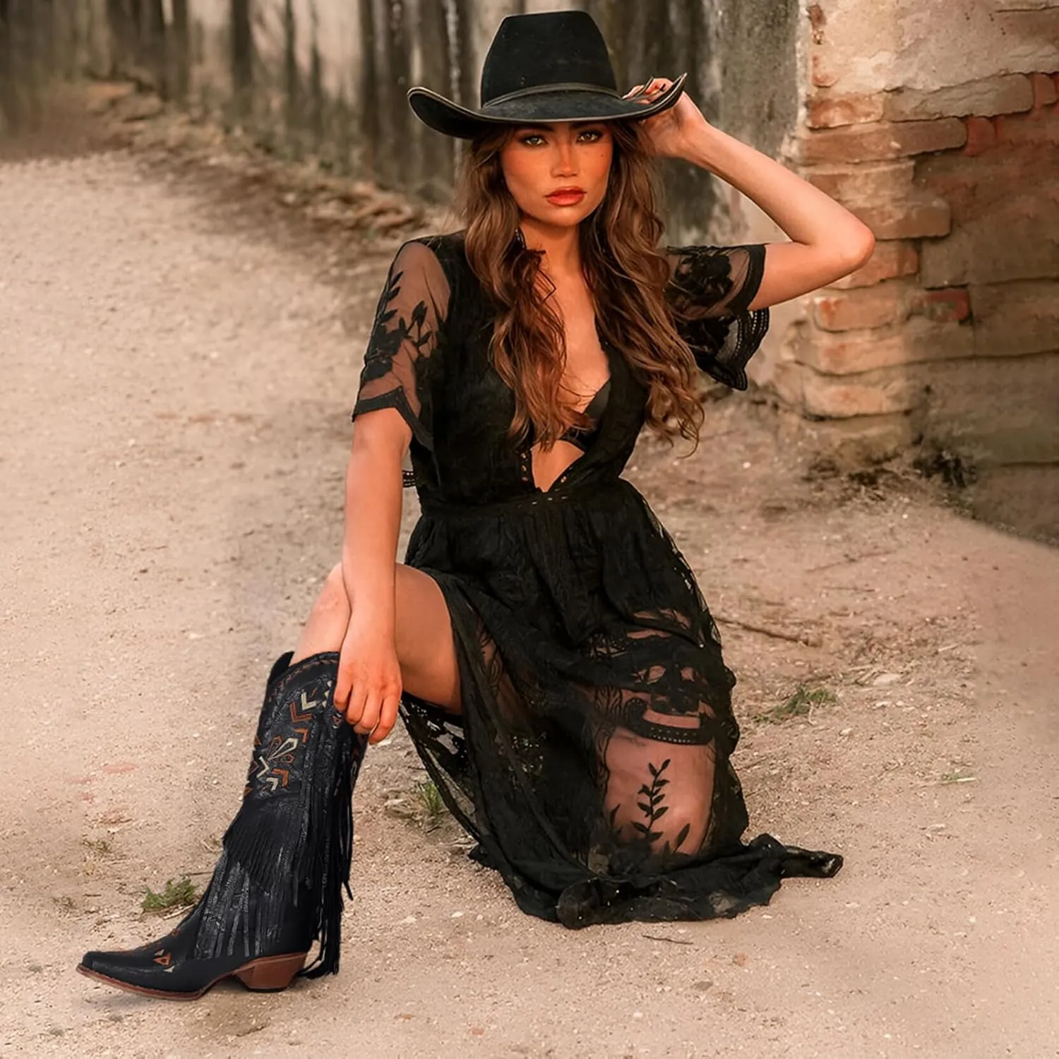 Fringe Cowgirl Boots-Square Toe Chunky Heel Cowboy Boots Wide Calf Knee High Boots Embroidered Tassel Pull on Fall Winter Western Vintage Retro Shoes for Ladies