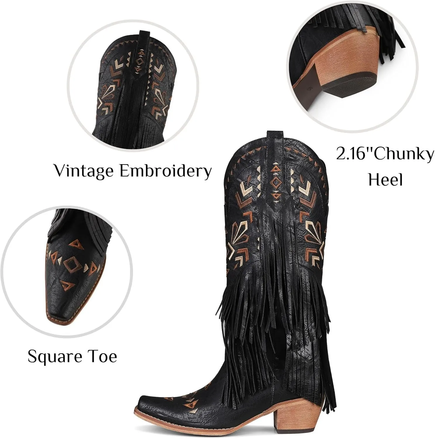 Fringe Cowgirl Boots-Square Toe Chunky Heel Cowboy Boots Wide Calf Knee High Boots Embroidered Tassel Pull on Fall Winter Western Vintage Retro Shoes for Ladies