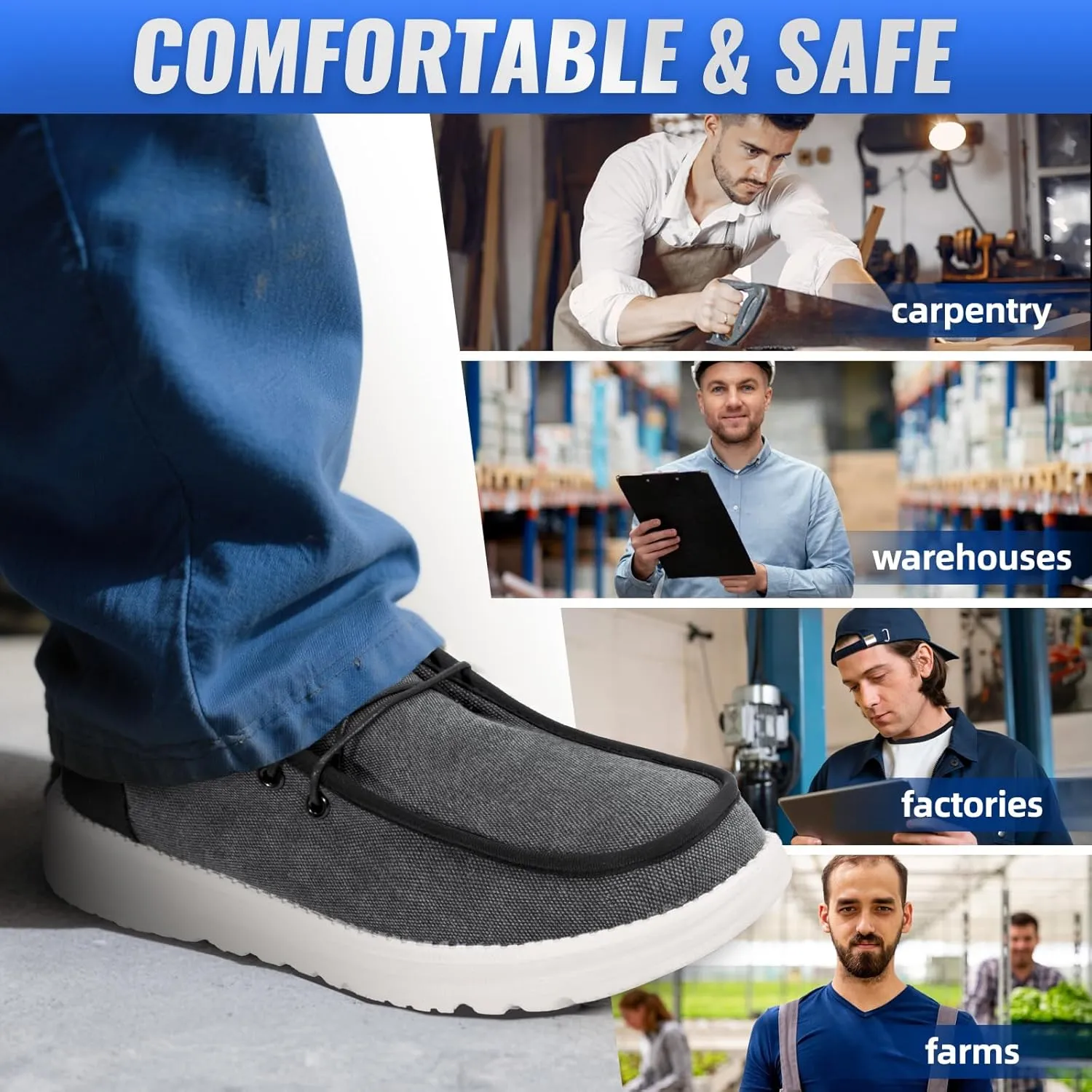 Furuian Steel Toe Shoes for Men Low-top Safety Work Shoes for Men Lightweight Steel Toe Sneakers Comfortable Canvas Work Loafers Zapatos De Trabajo para Hombres