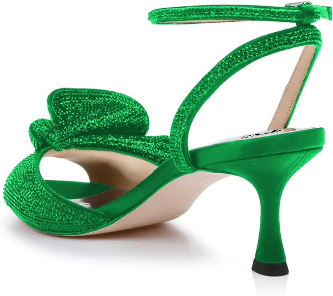 FYS Women Cute Rhinestones Bow Peep Toe Low Kitten Heel Ankle Strap Sandals Satin Dress Pumps Wedding Banquet Ladies Shoes Size 4-15 US