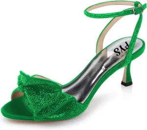 FYS Women Cute Rhinestones Bow Peep Toe Low Kitten Heel Ankle Strap Sandals Satin Dress Pumps Wedding Banquet Ladies Shoes Size 4-15 US