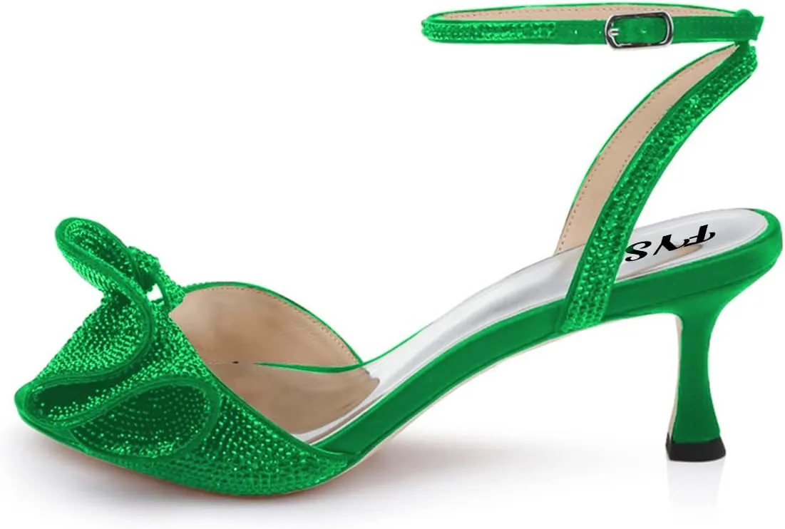 FYS Women Cute Rhinestones Bow Peep Toe Low Kitten Heel Ankle Strap Sandals Satin Dress Pumps Wedding Banquet Ladies Shoes Size 4-15 US