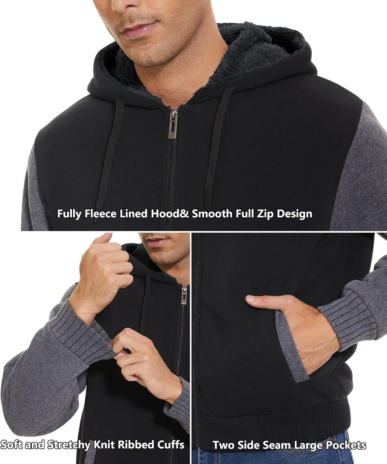 GEEK LIGHTING Hoodies for Men Heavyweight Fleece Sweatshirt - Full Zip Up Thick Sherpa Lined