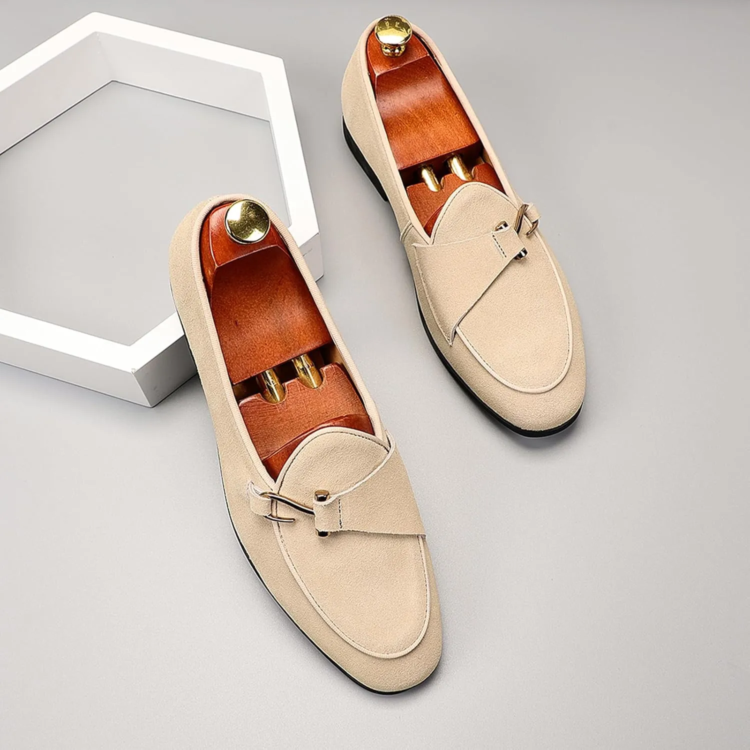 Genuine Leather Loafers for Men Suede Monk Strap Slip-On Casual Shoes