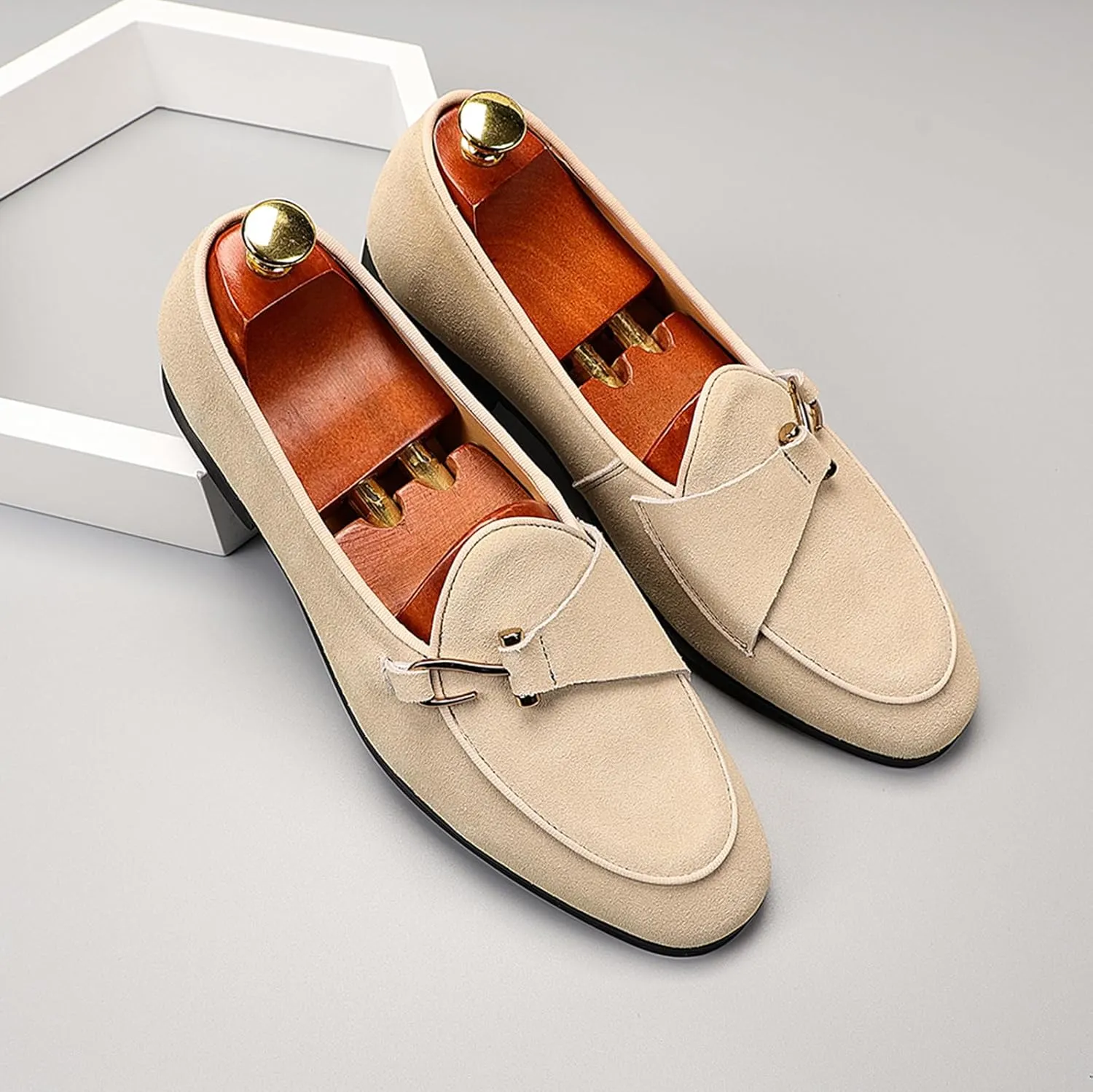 Genuine Leather Loafers for Men Suede Monk Strap Slip-On Casual Shoes