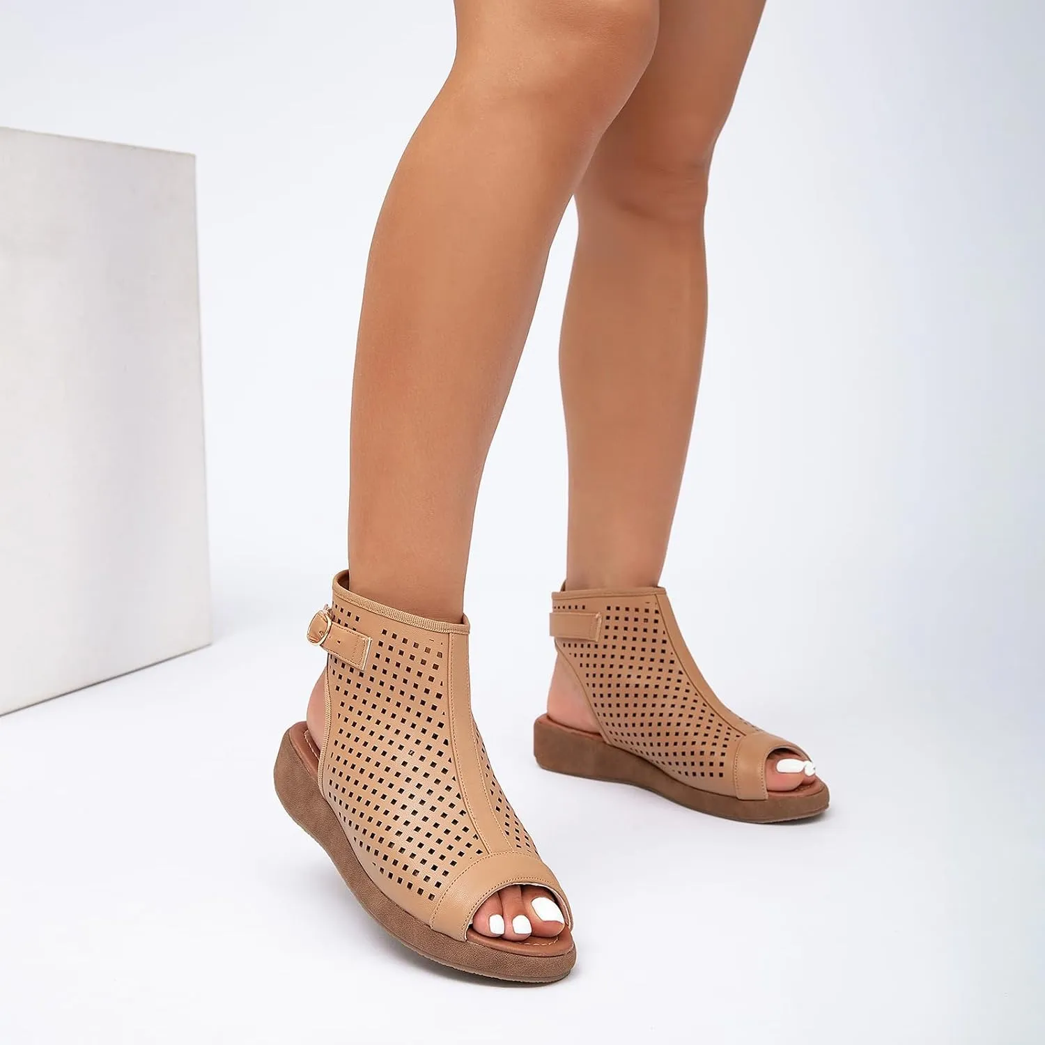 getmorebeauty Women's Platform Sandals Sling Wedge Sandals Hollow-Out Low Heel Open Toe Ankle Boots Cutout Shoes Slingback Sandals